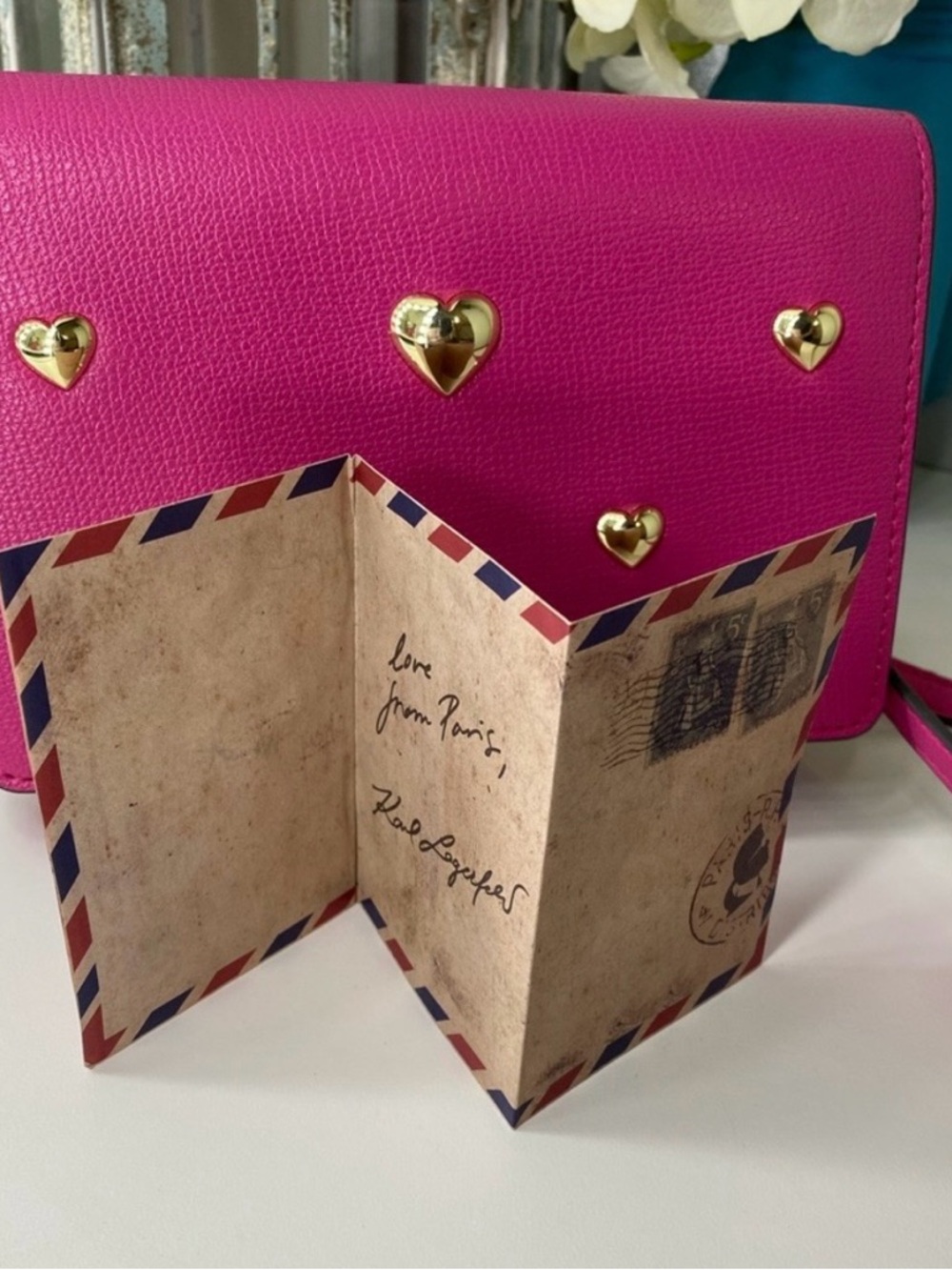 LOW START NWT Karl Lagerfeld Fuchsia Heart Stud Leather Crossbody - Picture 8 of 11